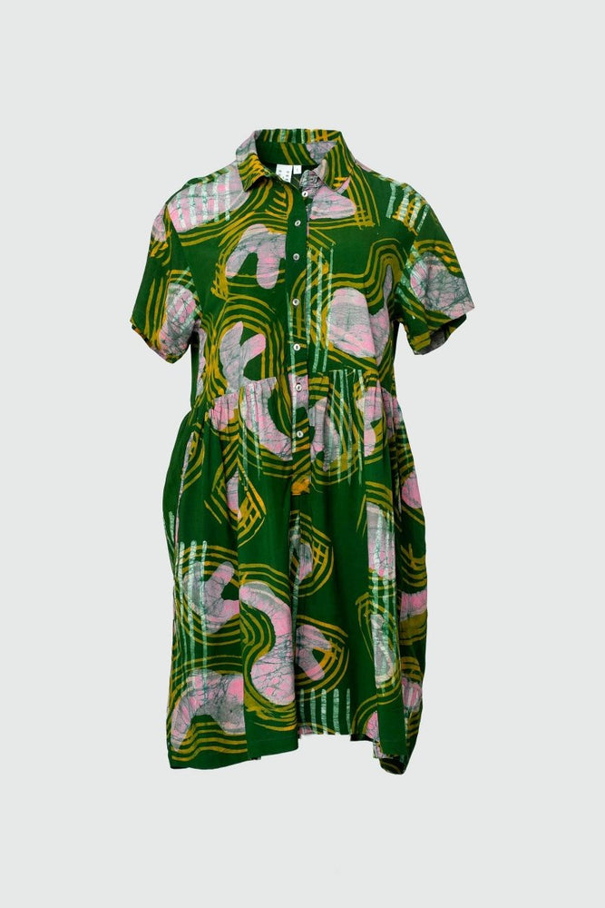 Chic Helia Dress with button-up front and A-line skirt, abstract green-pink-white print.