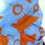 Woman in vibrant blue and orange garment, abstract patterns, light fabric, Her face hidden behind the puffed sleeve.