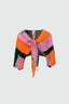 Cropped Epo Tie Top with pink, orange, and black color-block design, perfect for a bold fashion statement.