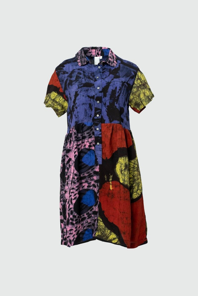 Short-sleeved Helia Dress with Hocus Pocus print, featuring a collared neckline and vibrant abstract pattern.