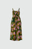 Sleeveless Mafalda Jumpsuit, Waters print, green/pink pattern, belted waist, spaghetti straps, plain background.