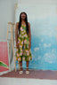 Mafalda Jumpsuit, abstract green, pink, yellow Waters print, sleeveless, creative backdrop, fitted bodice, culotte bottom.