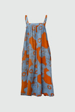 Tea-length Saya Dress with flared skirt and blue-orange abstract print, perfect for a stylish, relaxed look.