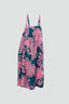 Full-length view of Saya Dress in Pool Party print, tea length and loose chemise style against a neutral background.