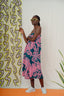 Side view of the Saya Dress in Pool Party print, showcasing the shirred bust and the abstract floral print.