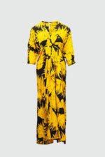 Elegant Letsa Dress in vibrant yellow with abstract black pattern, wide elbow sleeves, and cinched waist tie.