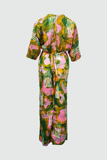 Colorful Letsa dress with abstract green, pink, yellow, and white lines, cinched waist, against plain background.