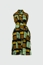 Front view of the Tropicana Dress in Pistacia on a ghost mannequin with the optional self belt tied around the waist.